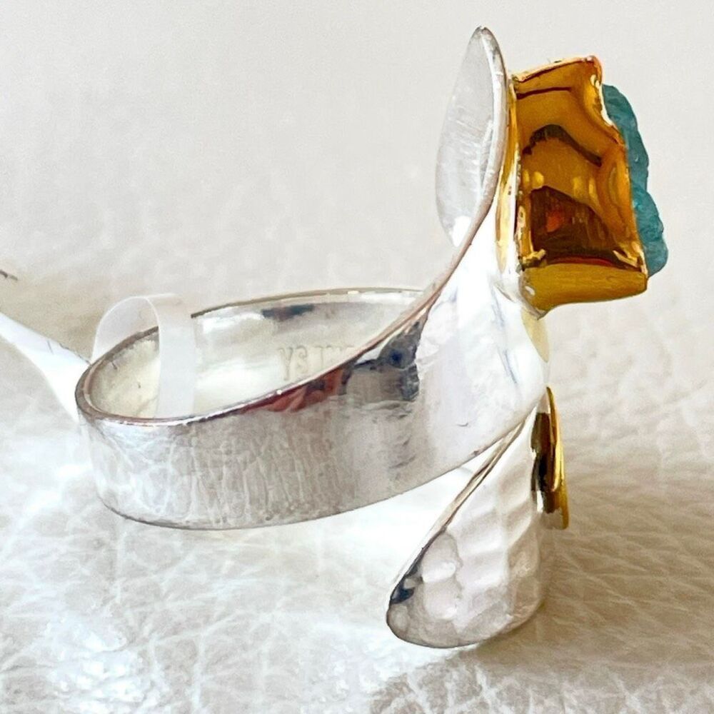 NWT .925 Sz 7 Sterling Silver Pleated & Gold Neon Blue Apatite Bypass Ring - Picture 5 of 12